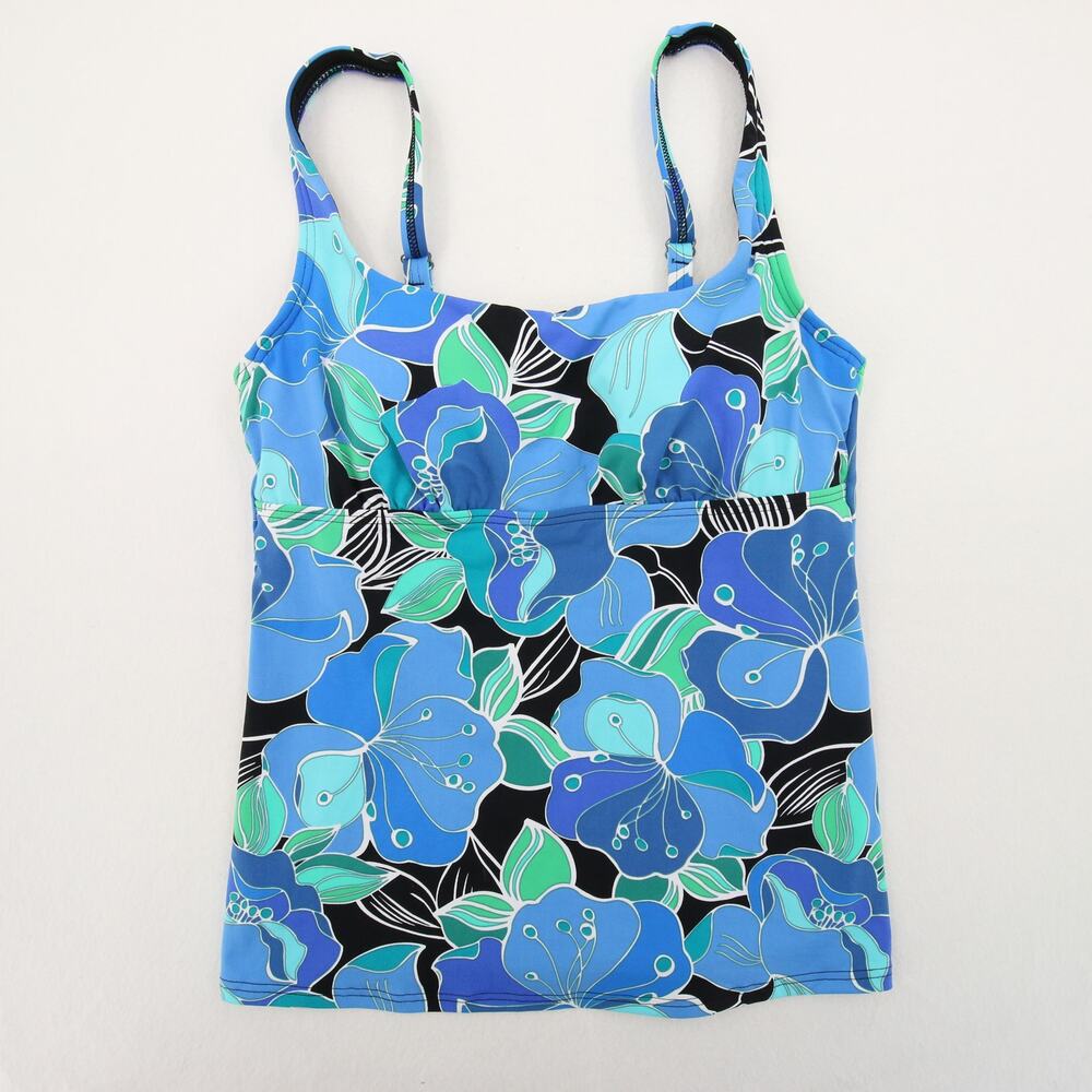 Lands End Tankini Top Blue Green Black Floral Scoop Square Neck Underwire Size 4